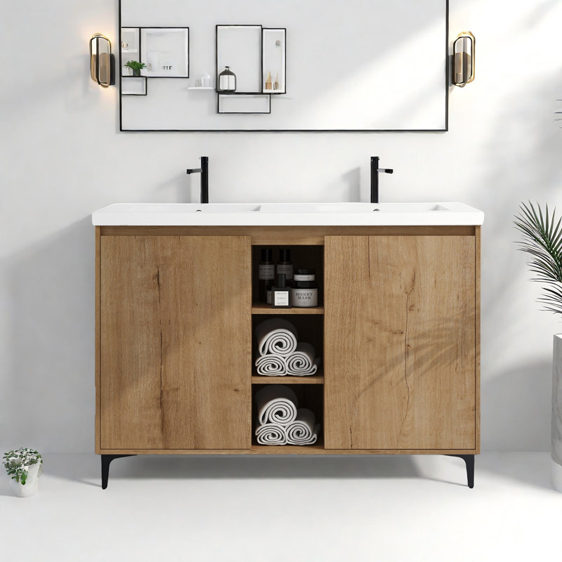 Brezhane 48-Inch Freestanding Bathroom Vanity with Double Resin Sinks & Triple Open Storage – Modern Design for Spacious Organization