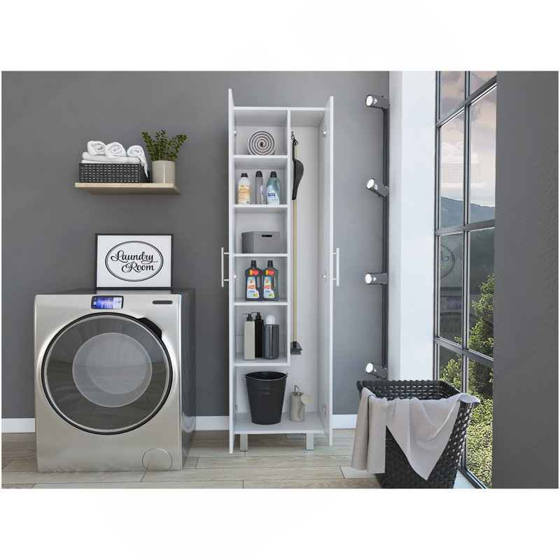 Armoire de nettoyage Nala, armoire à deux portes, quatre pieds, cinq tablettes - blanc
