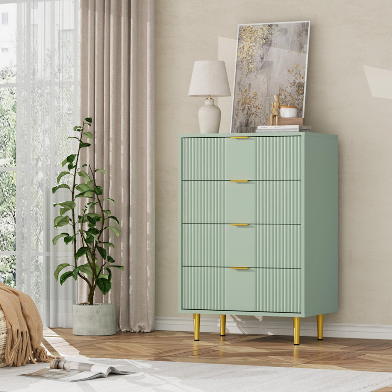 36.9" Tall Fluted 4 Drawer Dresser with Metal Handles, Modern Wood Storage Chest, Green
