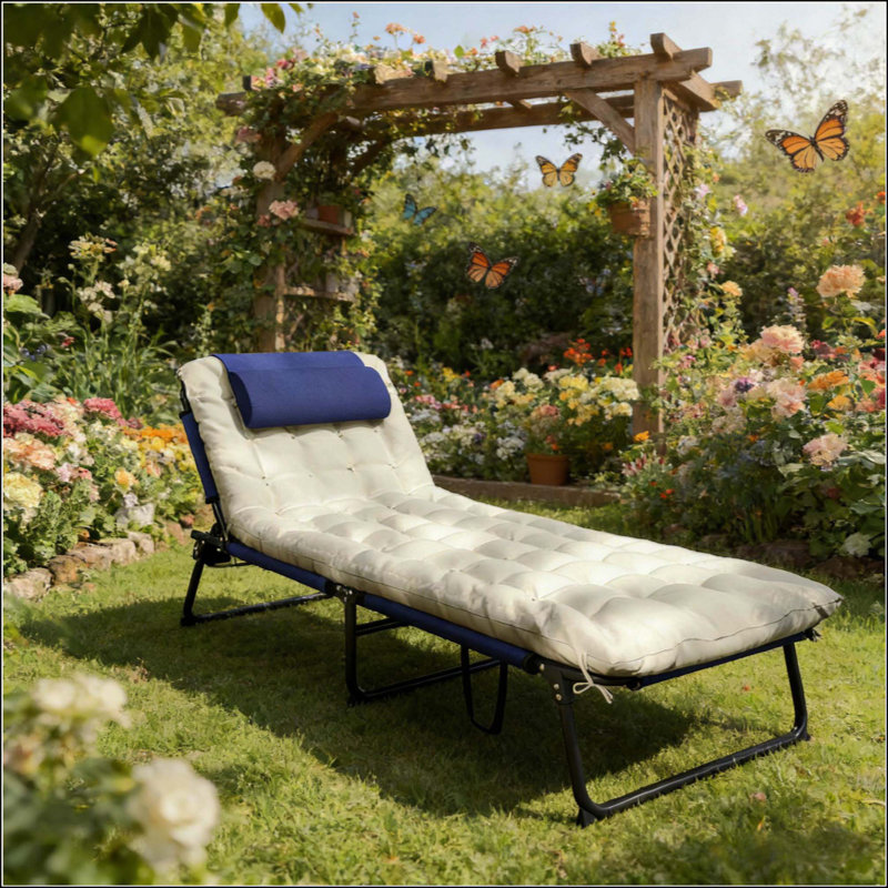 Chaise longue d'extérieur, chaise longue pliante, Blanc / Marine