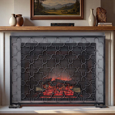Pare-étincelles simple en fer avec motif de trèfle à quatre feuilles, couvercle de foyer avec grille en métal, noir et argent