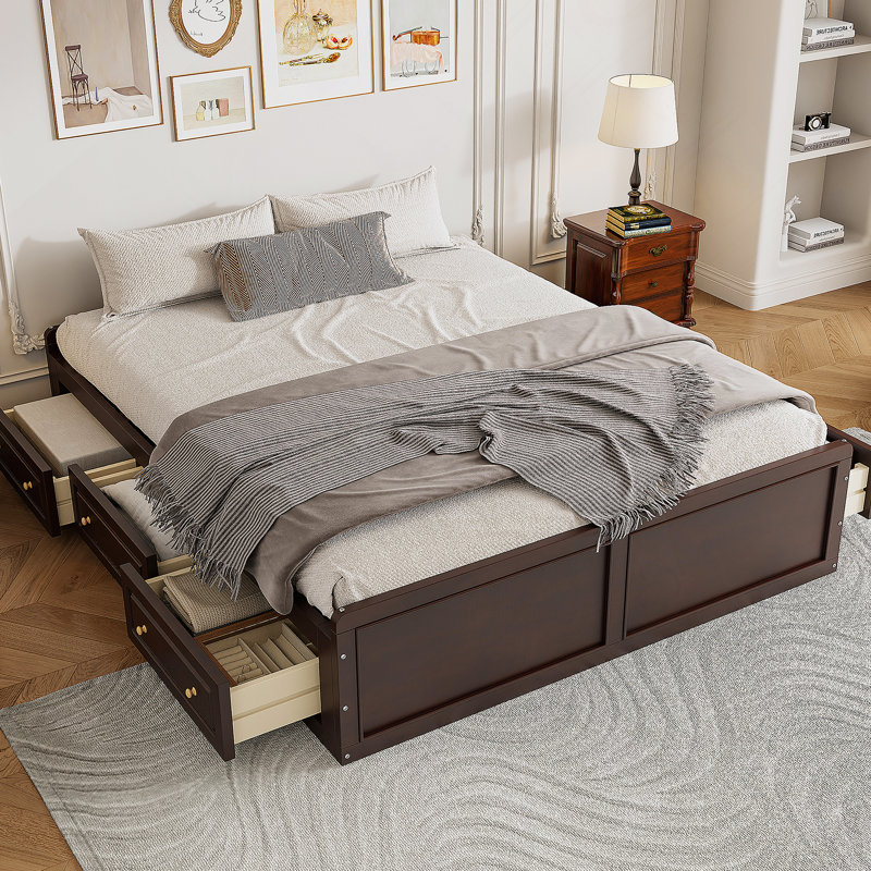Structure de lit plateforme en bois avec 6 tiroirs , Espresso