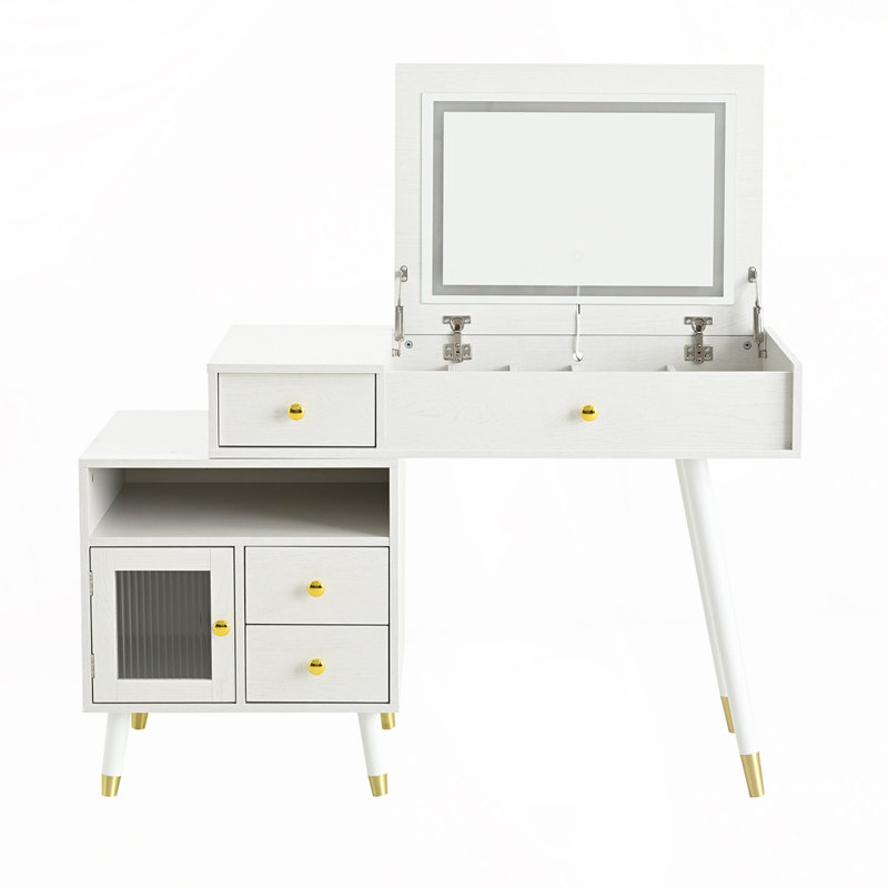 Vanity Desk with Lighted Flip-Top Mirror & Adjustable Cabinet, White