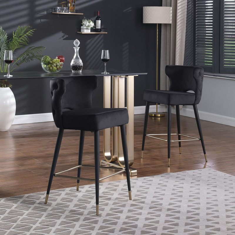 Black Velvet Upholstered Counter Height Bar Stools with Gold Tipped Legs