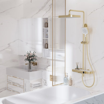 12" Rainfall Shower System, 3-Function with Waterfall Tub Spout & 3-Mode Handheld, Brushed Gold, CUPC Certified