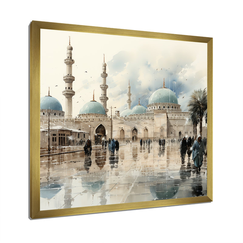 «Mosquée blanche et bleue» - Art mural, Cadre doré simple, H 36 po x l 36 po x P 1,5 po