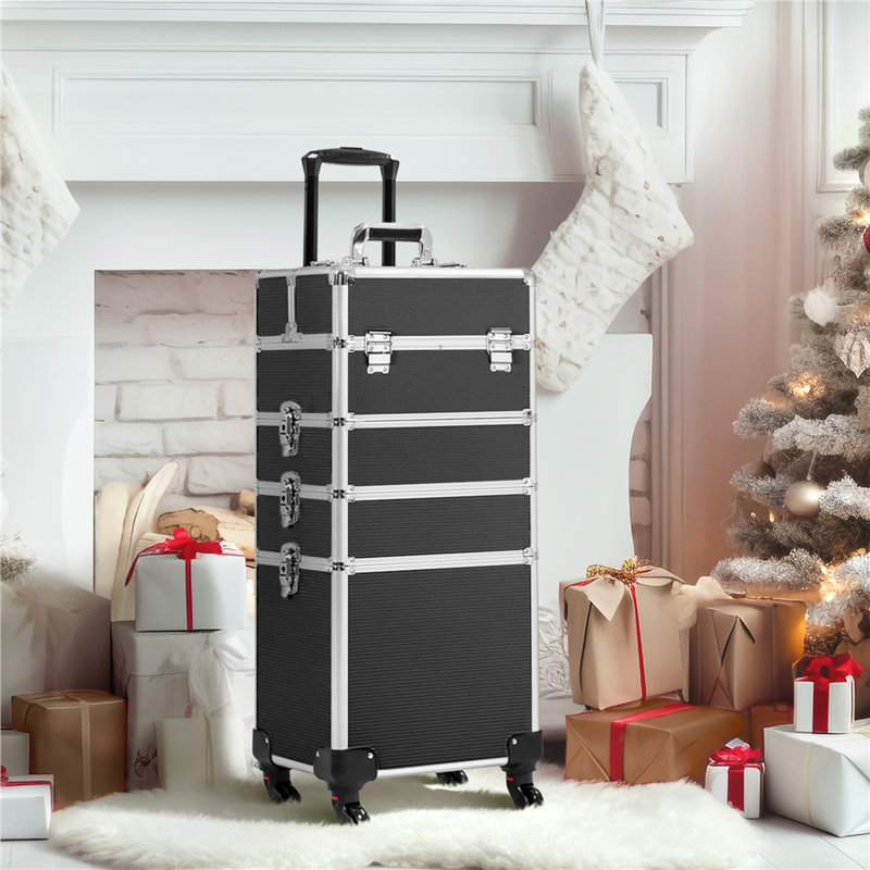 Abrams Professional Makeup Train Case 4 in 1 Rolling  Makeup Case, Black/Silver
