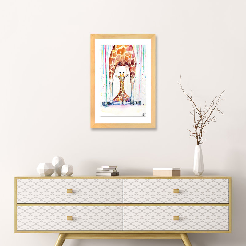 Superbe décoration murale pour enfants girafes sous la pluie, H 32 po x l 24 po x P 1 po, Papier encadré naturel