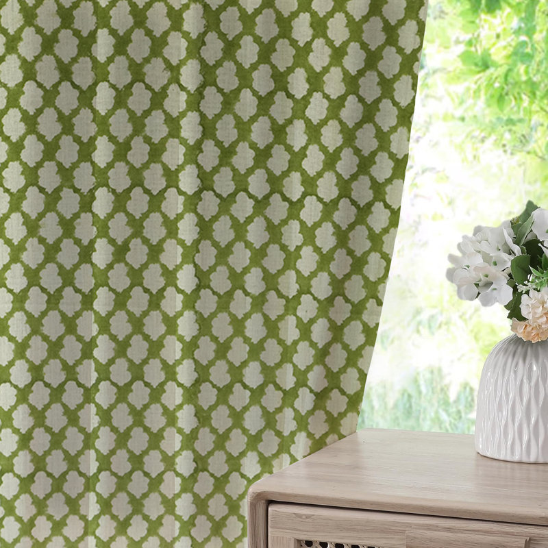 Elegant Green Pure Linen Handmade Floral Block Print Curtain, 100% Blackout Soft Boho Pleated Pinch Drape for Window, Kitchen, Office or Patio, Badal