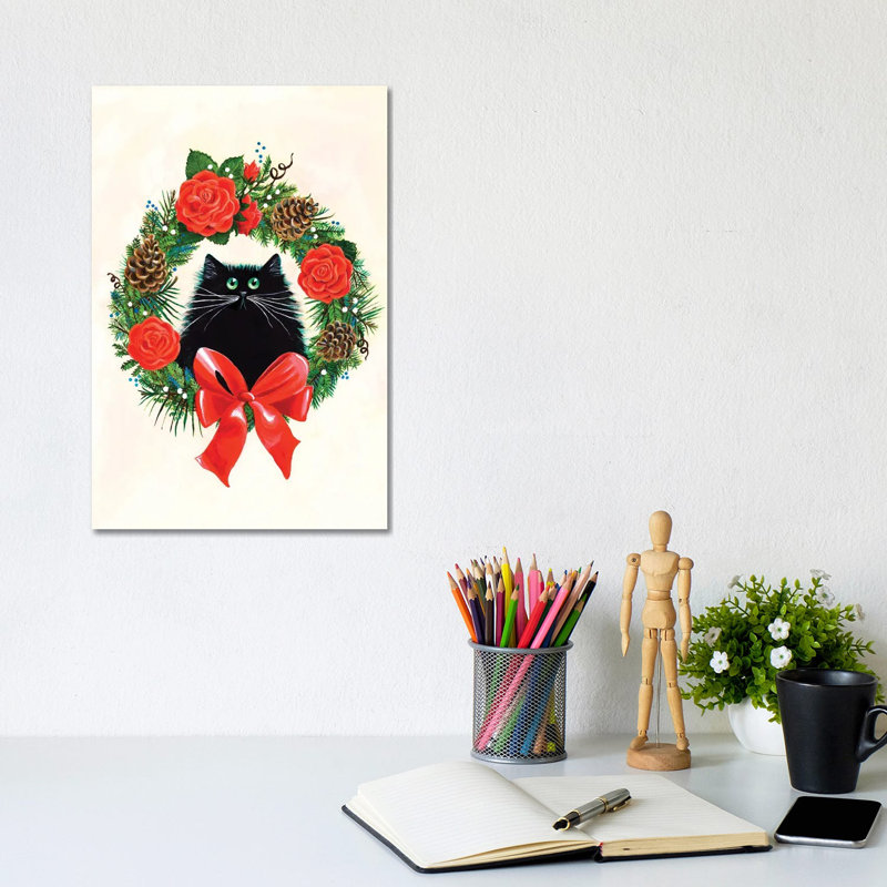 Black Cat In Rose Wreath by Kim Haskins - Print on Canvas, Wrapped Canvas, 20.32 cm H x 30.48 cm W