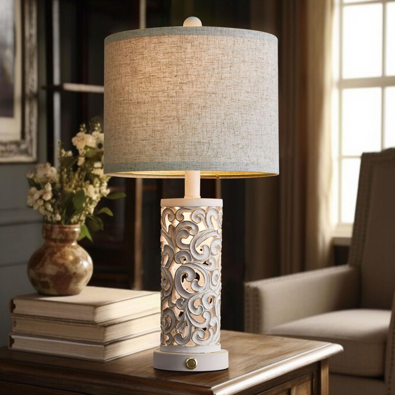 Vintage White Carved Base Table Lamp Set with Linen Shade