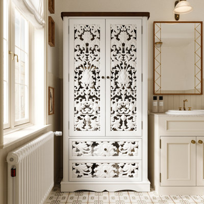 Elegant Two-Door Bathroom Cabinet With Cutout Panels & Dual Drawers