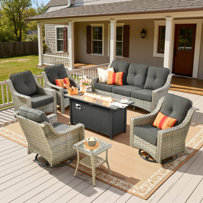 Daliya 7 - Person Outdoor Wicker Patio Conversation Furniture Set With Fire Pit Table And Swivel Rocking Chairs