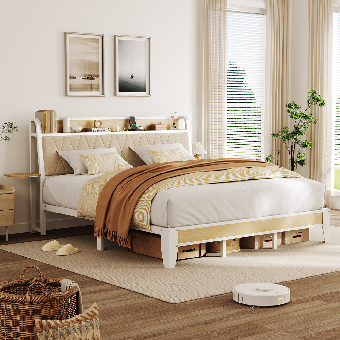 Upholstered Platform Bed With Charging Station Ergonomic Headboard And Side Storage Shelf 17 Stories 