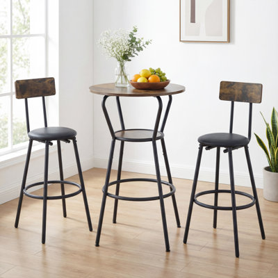 Ensemble de 2 tables de bar rondes rustiques avec tablette et 1 tabouret rembourré, brun rustique et noir