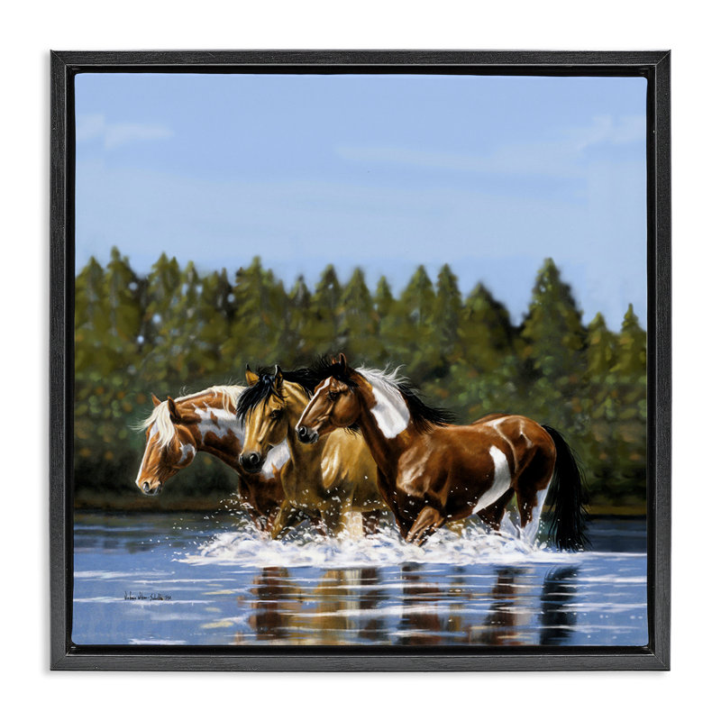 Art mural sur toile encadrée, "Horses Upatter Splashing" par Victoria Schultz, Cadre flottant noir de jais, H 18 po x l 18 po