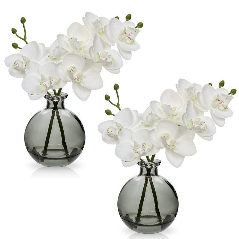 Orchidées artificielles, ensemble de 2 fausses orchidées avec vase en verre noir / vase noir, Blanc