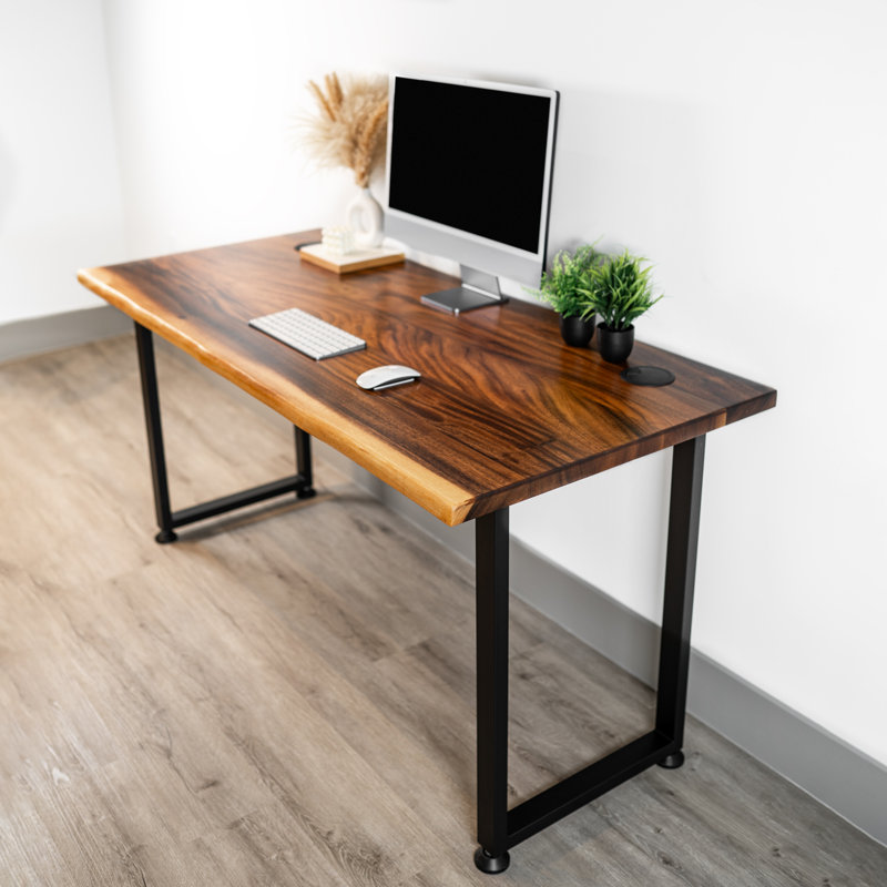 Bureau d'ordinateur Live Edge avec plateau en noyer massif et pieds en métal en forme de U, 29.3" H x 48" W x 28" D