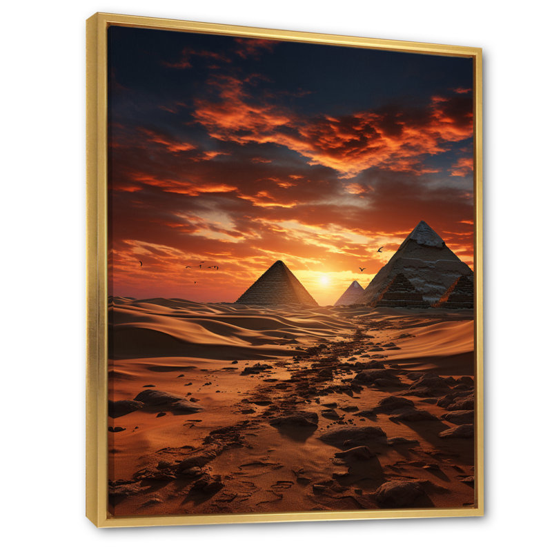 Égypte, pyramides dorées II - salon égyptien, H 40 po x l 30 po x P 1,5 po, Cadre flottant doré