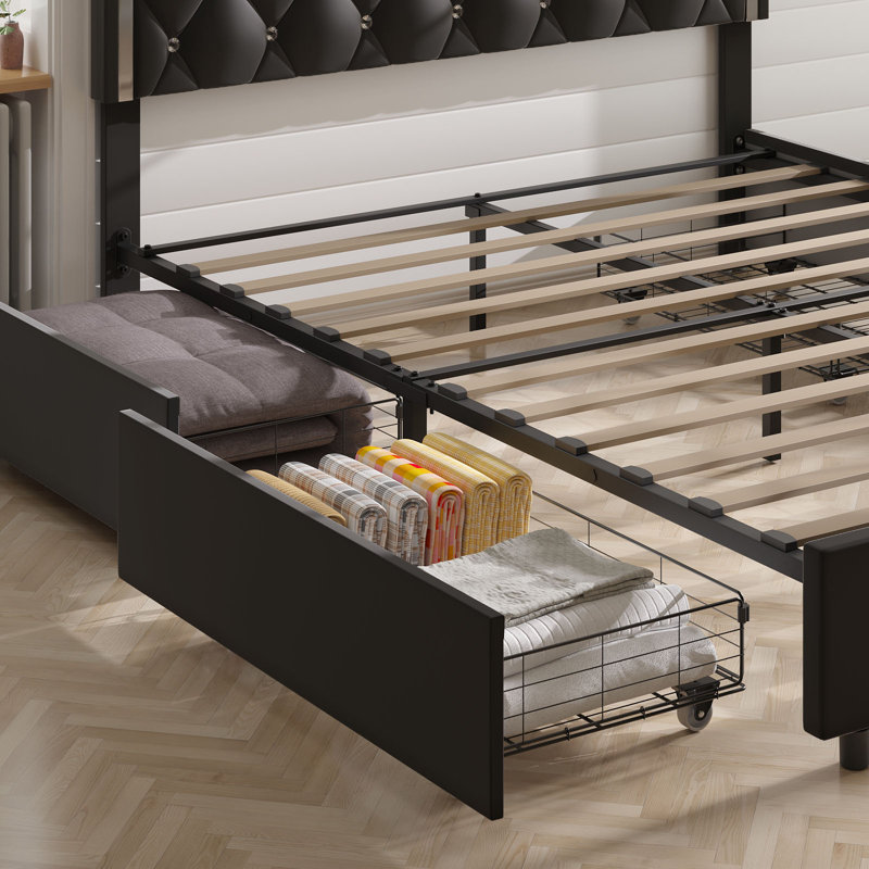  Lit plateforme en velours avec 4 tiroirs de rangement Monica, Double, Noir