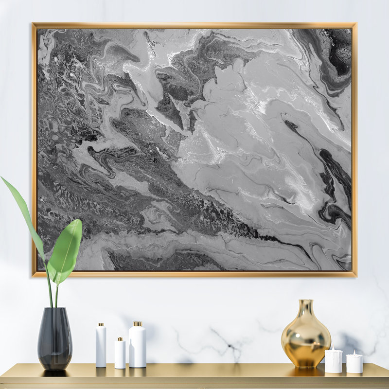 Gris ondulé liquide - peinture sur toile, H 30 po x l 40 po x P 1,5 po, Cadre flottant doré