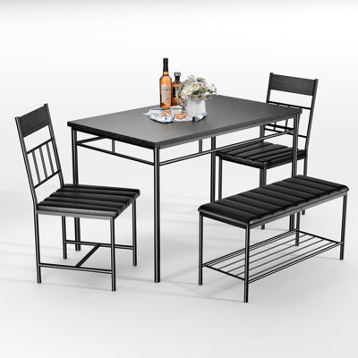 Ensemble de table de salle à manger pour 4 personnes, table de cuisine avec banc rembourré et 2 chaises, moderne et peu encombrant, idéal pour les petits appartements - noir
