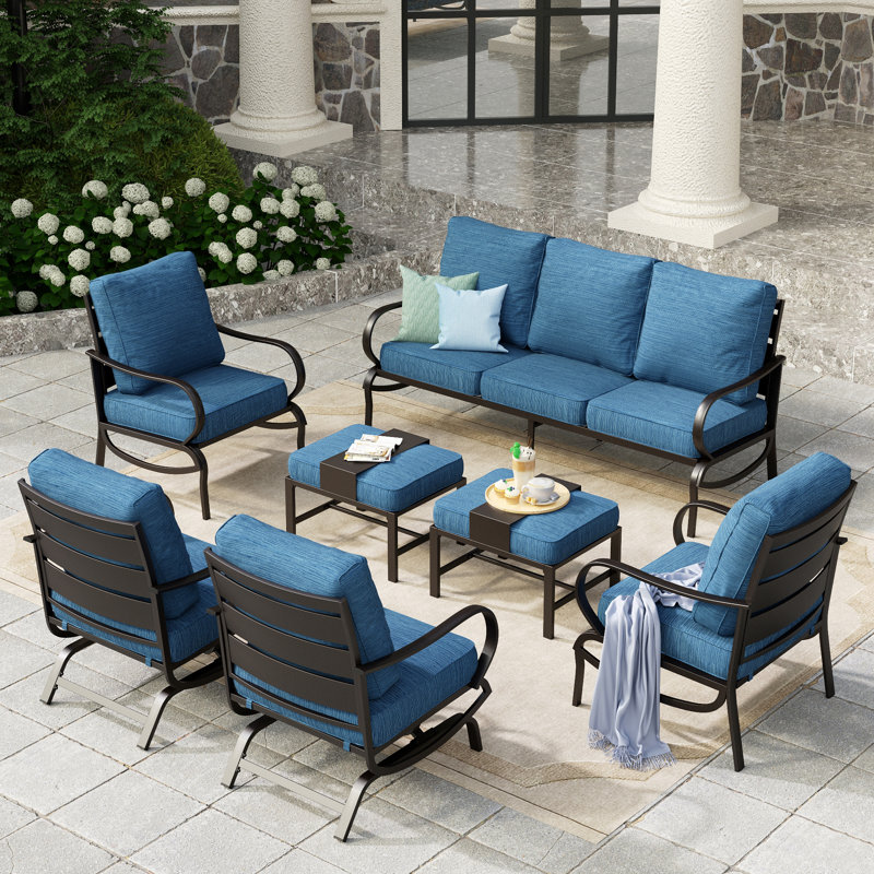 Tapasi 9 - Person Patio Conversation Set with Rocking Lounge Chairs & Optional Firepit Table, Peacock Blue, No