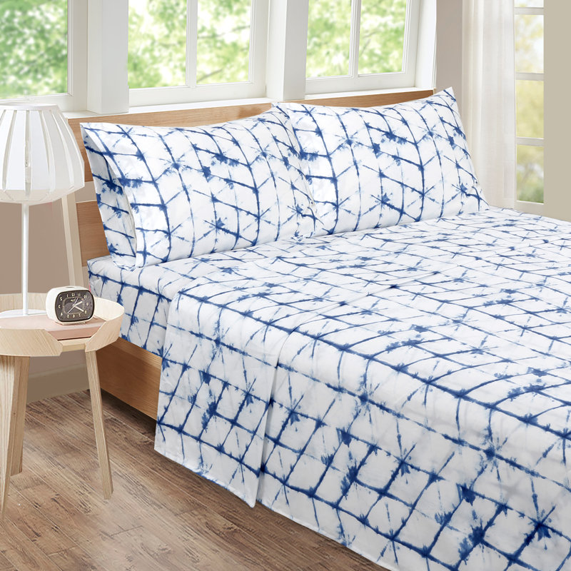 Astolfo Microfiber Geometric Sheet Set, Blue, Queen