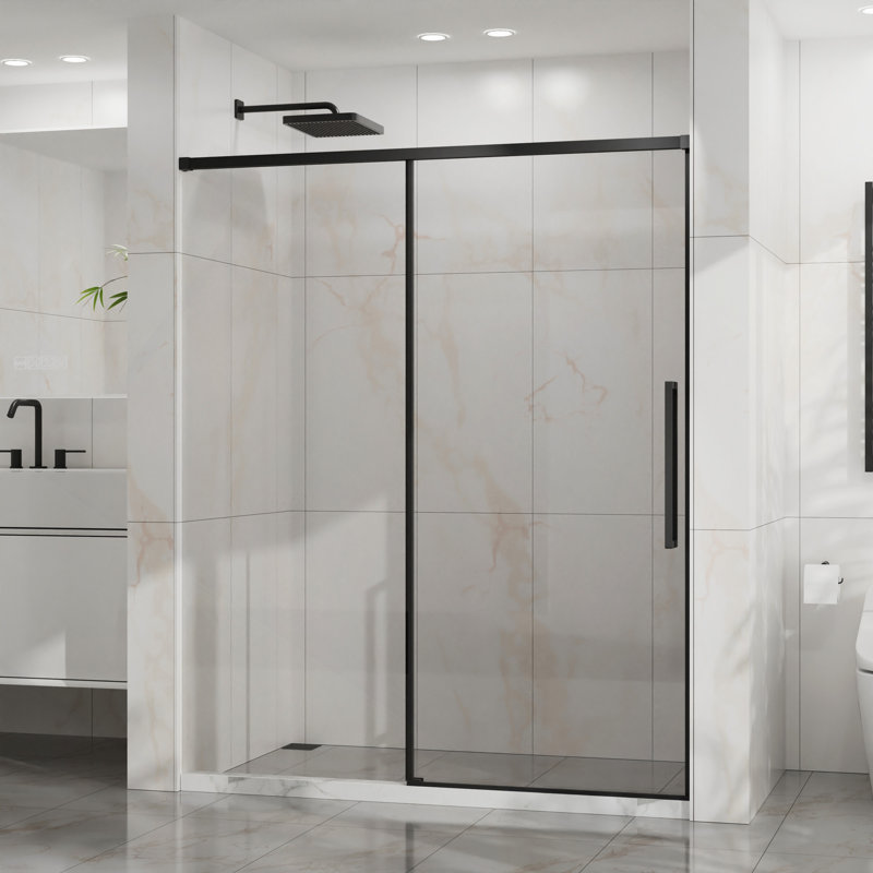Porte de douche coulissante, porte de douche en verre semi-sans cadre, verre trempé transparent de 1/4 po (6 mm) d'épaisseur avec revêtement facile à nettoyer, quincaillerie en acier inoxydable