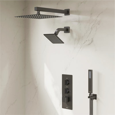 Ensemble de robinet de pomme de douche double 12 po et 6 po avec douchette combinée à main Rugen, système de douche à 3 fonctions avec pomme de douche à effet pluie, valve thermostatique incluse, luminaire de salle de bain