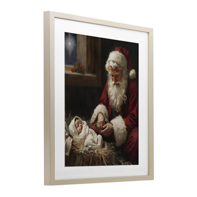 «Santa Believes with Baby Jesus», reproduction sous verre encadrée, conception de Jo Moulton