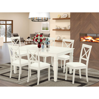 7 Piece Dining Set Consist of a Rectangle Dining Room Table with Butterfly Leaf and 6 Faux Leather Chairs, Linen White