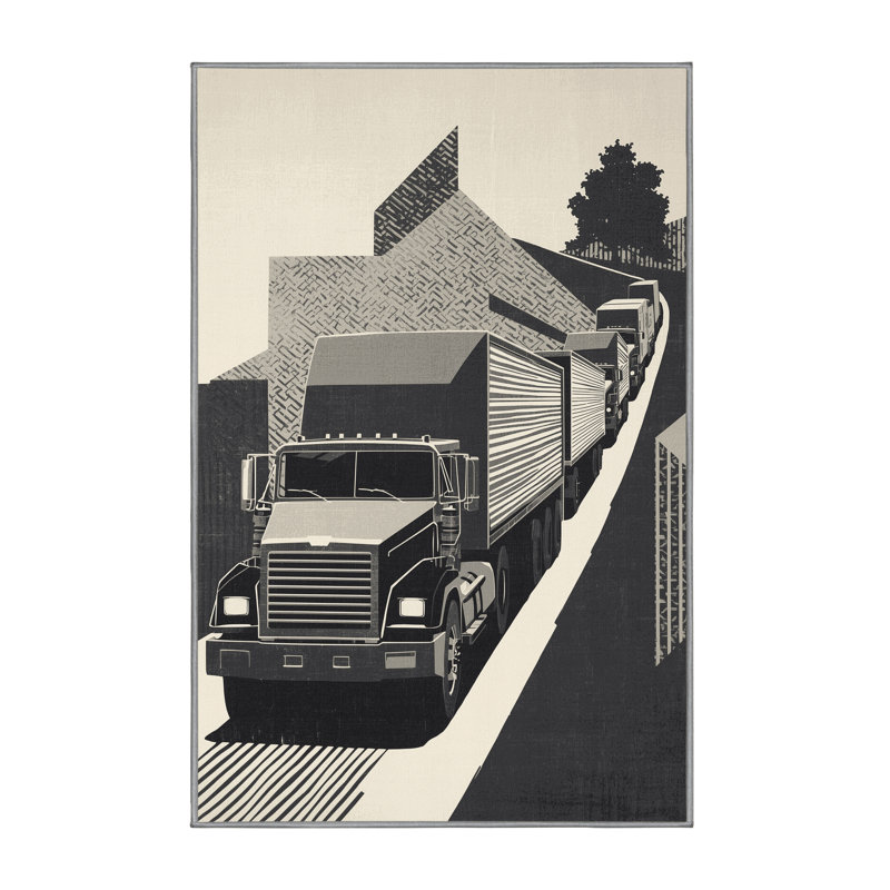 Machine Washable Vehicles And Transportation Transport Truck Convoy Modern Block Print Rug in Gray – Gray Binding, 2x5