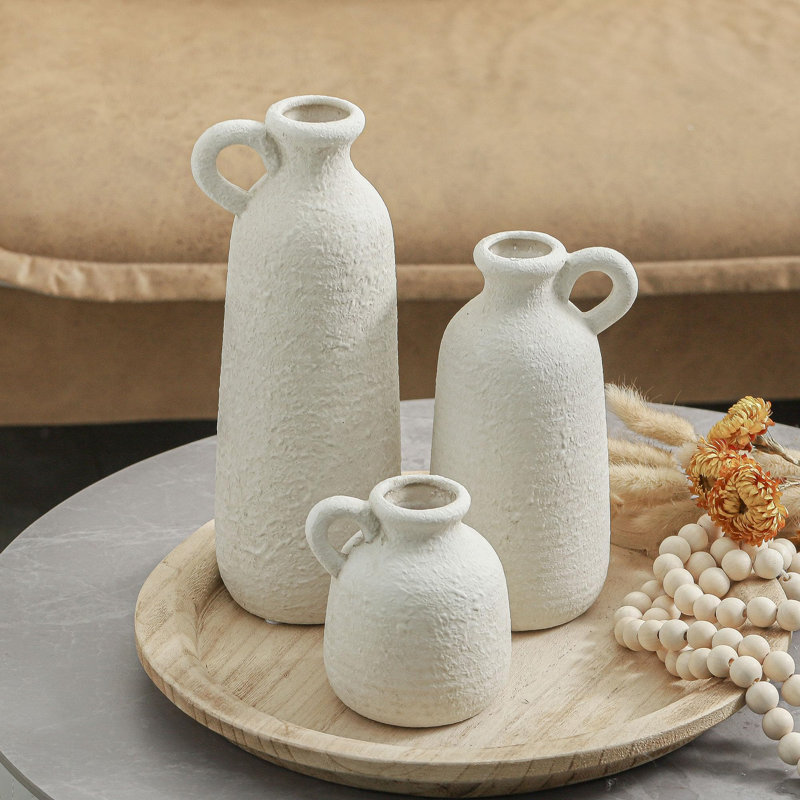 Ensemble de 3 vases rustiques avec poignées, Blanc