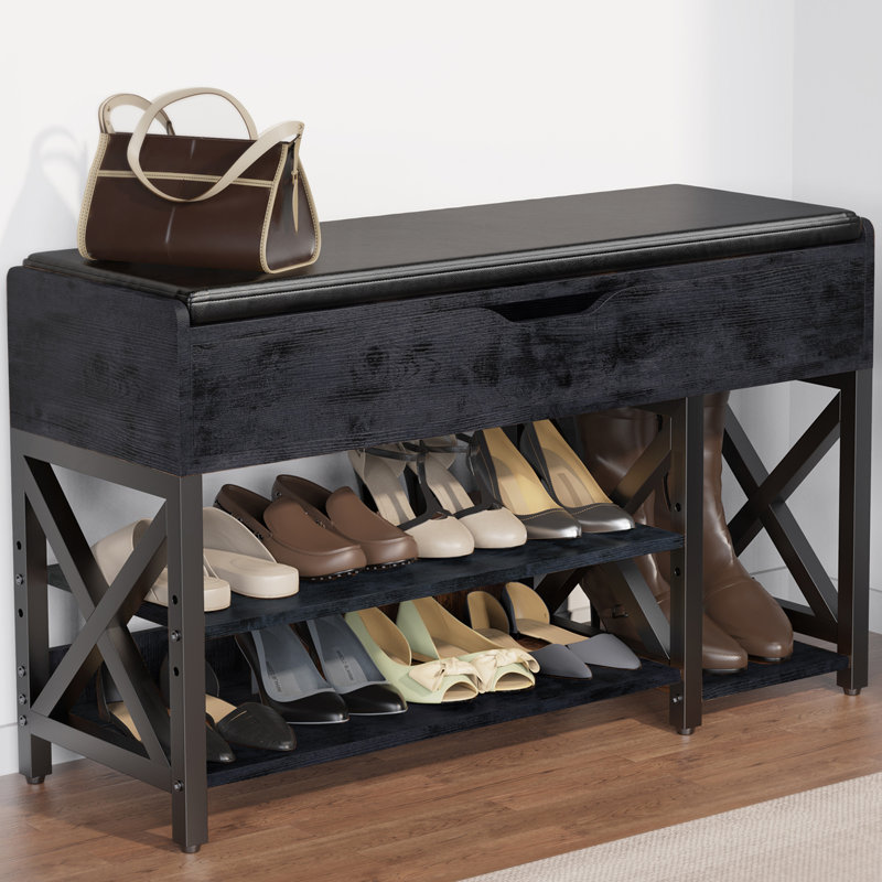 Shoe Storage Bench with Cushion, 7 Pair Entryway Shoe Bench Serkis, Black, 18.1" H x 39.4" W x 11.8" D