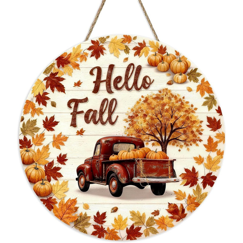 Panneau de porte en bois « Bonjour l'automne » – Décoration rustique avec citrouille et citrouille – Décoration pour porte d'entrée, style ferme et Thanksgiving