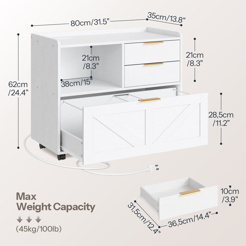 31.5'' Wide Mobile File Cabinet with Storage and Charging Station, White