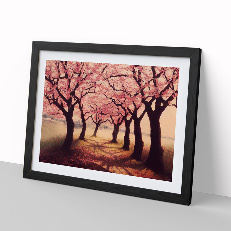 Serene Cherry Blossom Trees - Single Picture Frame Painting, 46cm H x 64cm W x 2cm D, Black
