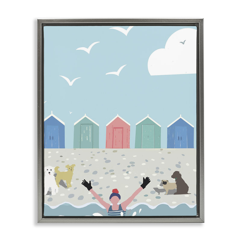 «Dog Friends on Beach» par Betty Boynes, Cadre flottant gris lustré, H 21 po x l 17 po