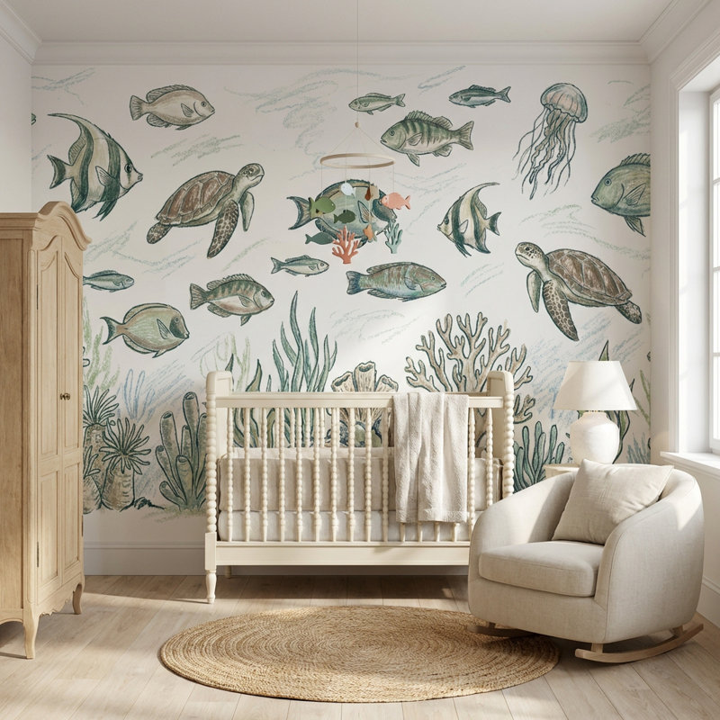 Décoration murale sous-marine marine, 120" x 96", Peler et coller