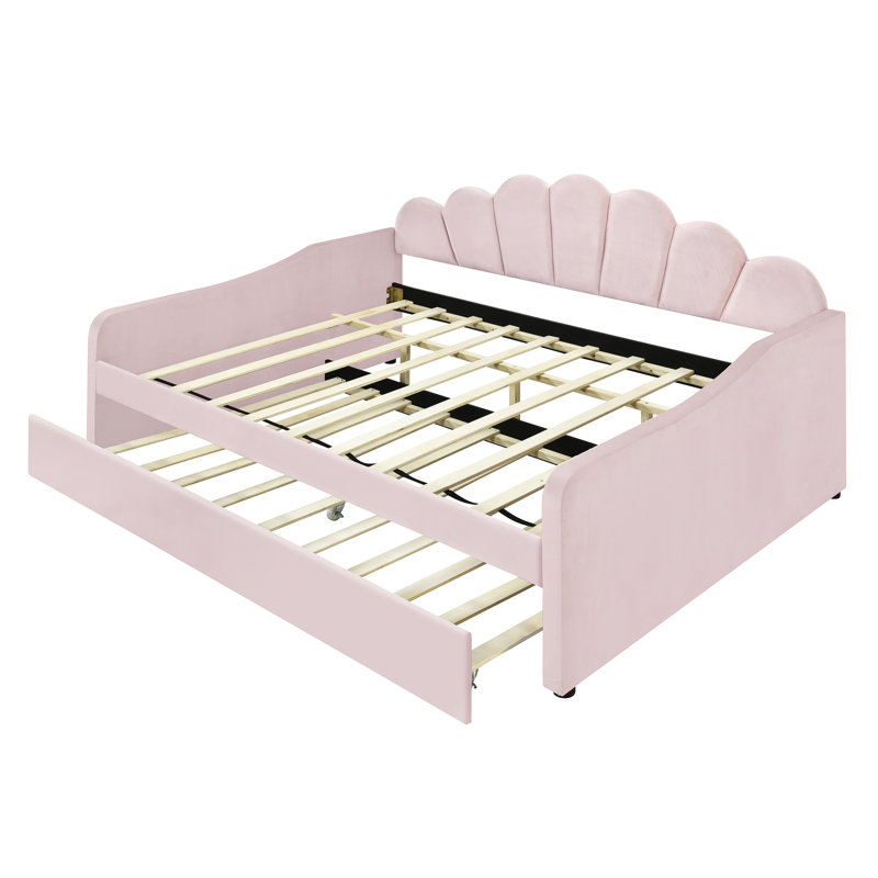 Upholstered Daybed With Shaped And Trundle In Pink - Materials, Comfortable Sleep Area Elegant Back Luxurious, Pink