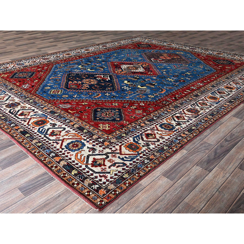 Tapis oriental rectangulaire bleu en laine noué à la main 9 pi 3 po x 11 pi 7 po - MOA102568