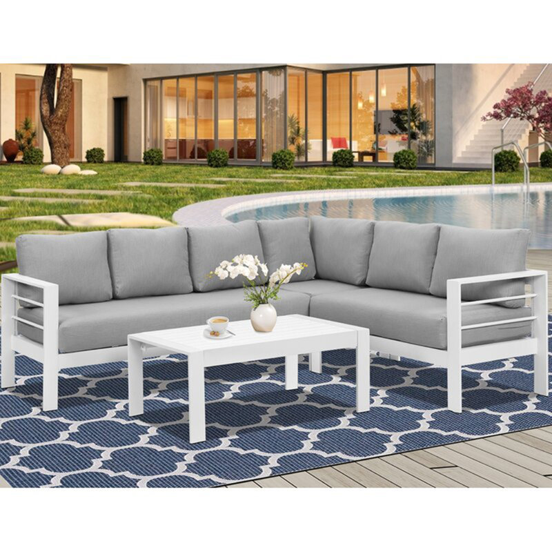 Ensemble de conversation modulaire en aluminium avec coussins 5 à 6 personnes Brandtley, Gris clair