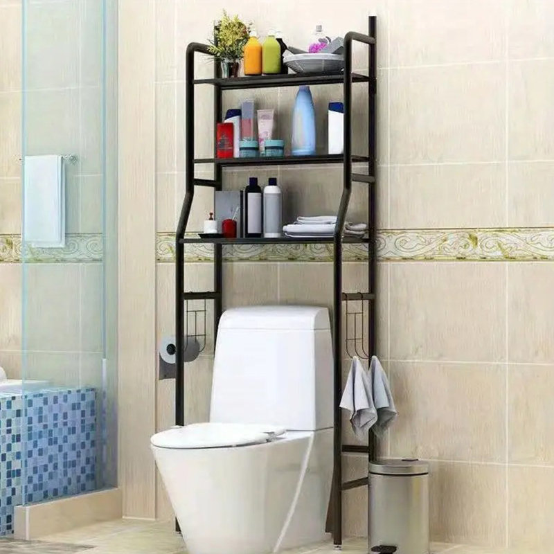 [freestanding Above Toilet Shelf] 3-tier Over The Toilet Storage, 1pc Space Saver Metal Bathroom Shelves, Freestanding Above Over Toilet Storage Shelf With Hooks For Bathroom, Black