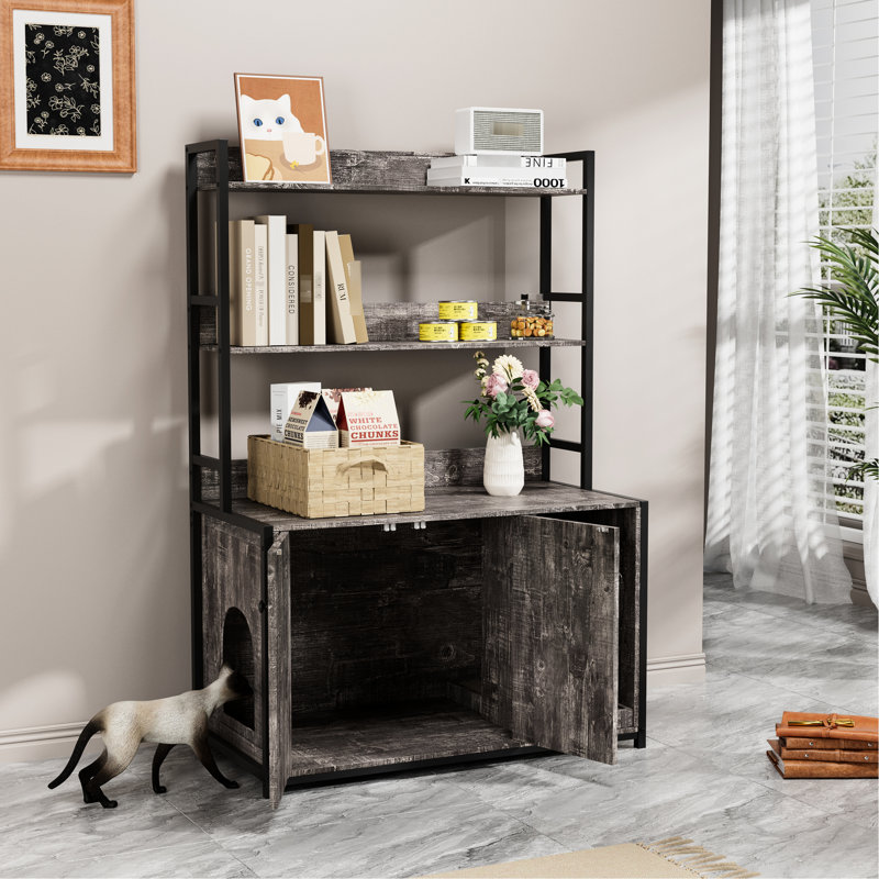 Enceinte de litière pour chat gris avec rangement pour tablette et porte à deux portes, une salle de bain cachée comprenant un bloc-notes.