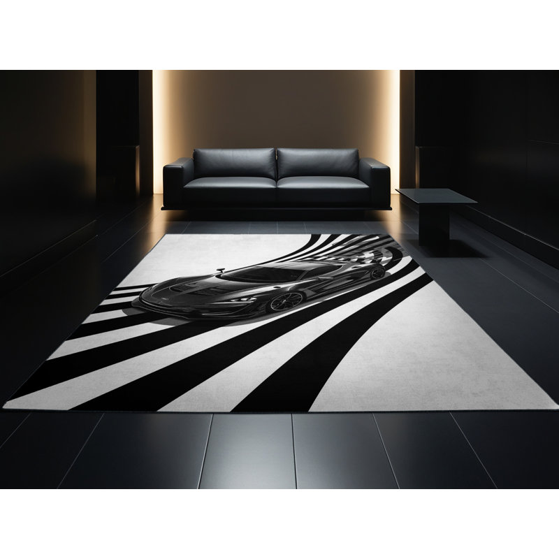 Machine Washable Daleville High Performance Sports Car Sleek & Chic Modern Arc Rug in Gray – Black Binding, 5x7