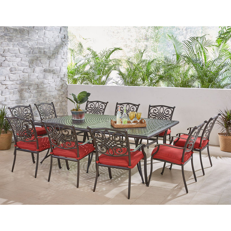 Rhoton 10 - Person Patio Dining Set with Rectangular Table , Cushions Included, Red
