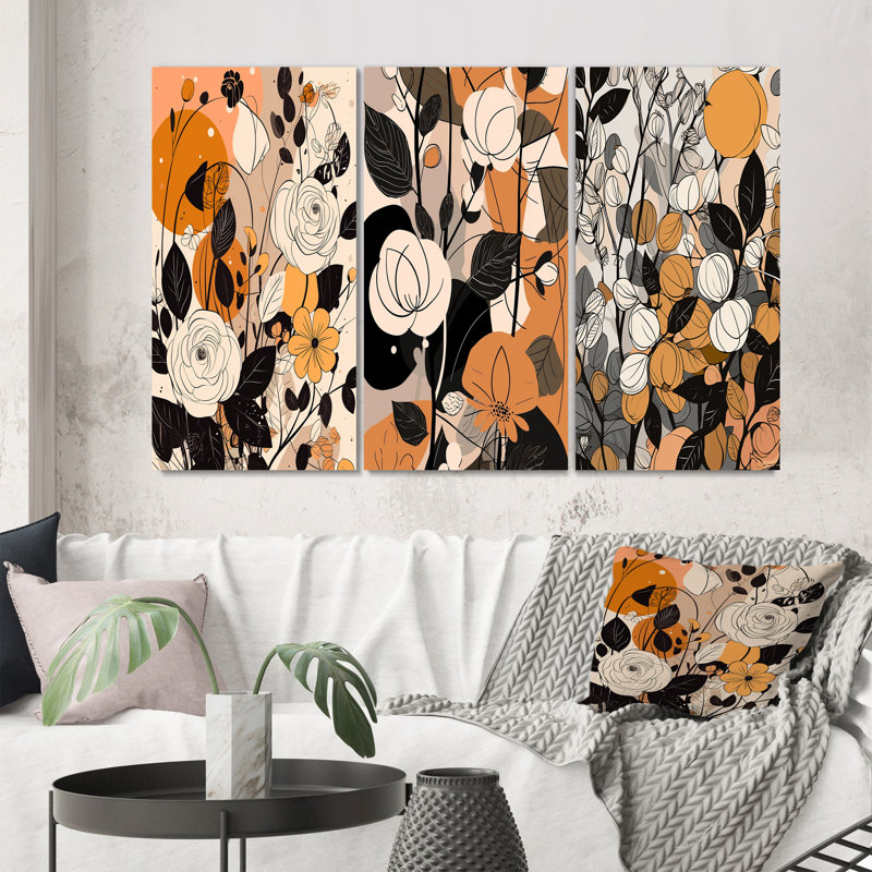 «Retro Terracotta Roses Illustration», 3 pièces, Toile tendue, H 20 po x l 36 po