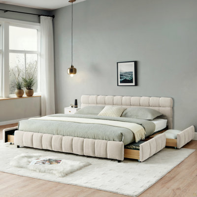 California King Size Upholstered Bed ,Comfortable Upholstered Bed Frame, Chenille Fabric, With Headboard And Solid Bed Frame
