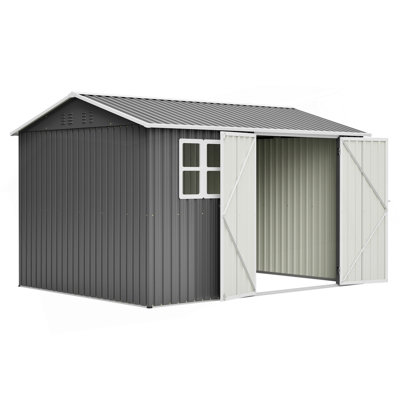 10'x8' Oversized Steel Storage Shed with Window, Lockable Doors & Sloped Roof, Heavy Duty Outdoor Tool Shed for Garden, Patio, Backyard, Lawn - Dark Gray